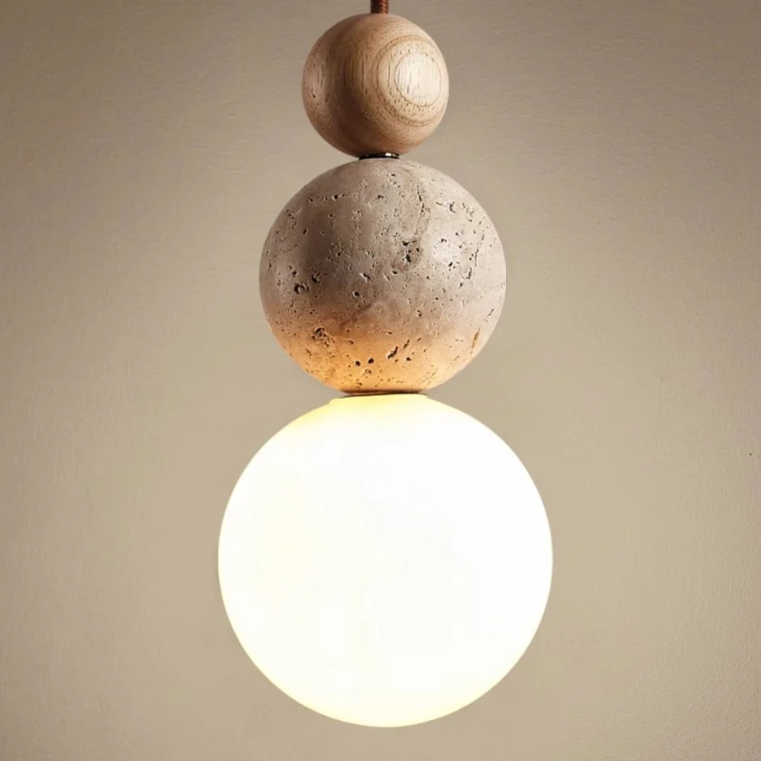 Cleonice Pendant Light | Travertine, Wood & Glass Hanging Lamp