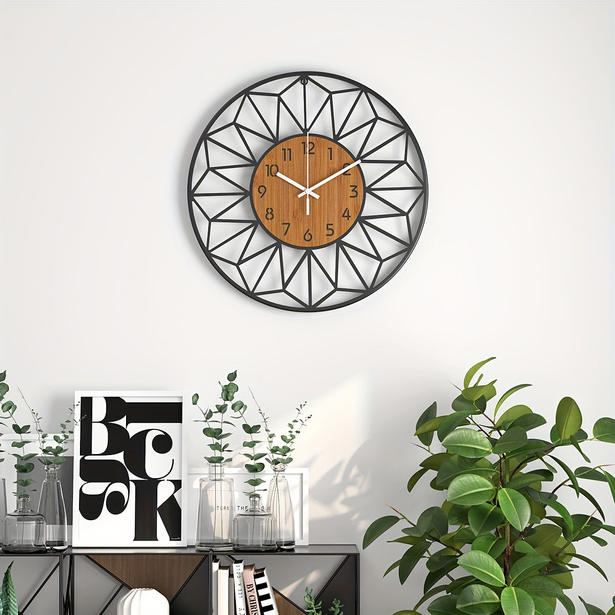 Modern Metal Wall Clock | Wood Grain Center Design