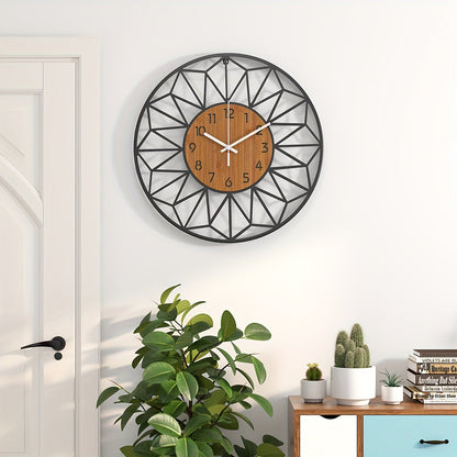 Modern Metal Wall Clock | Wood Grain Center Design