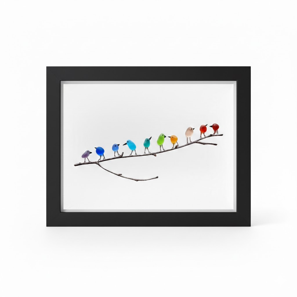 Sea Glass Birds on Driftwood | Framed Coastal Wall Art