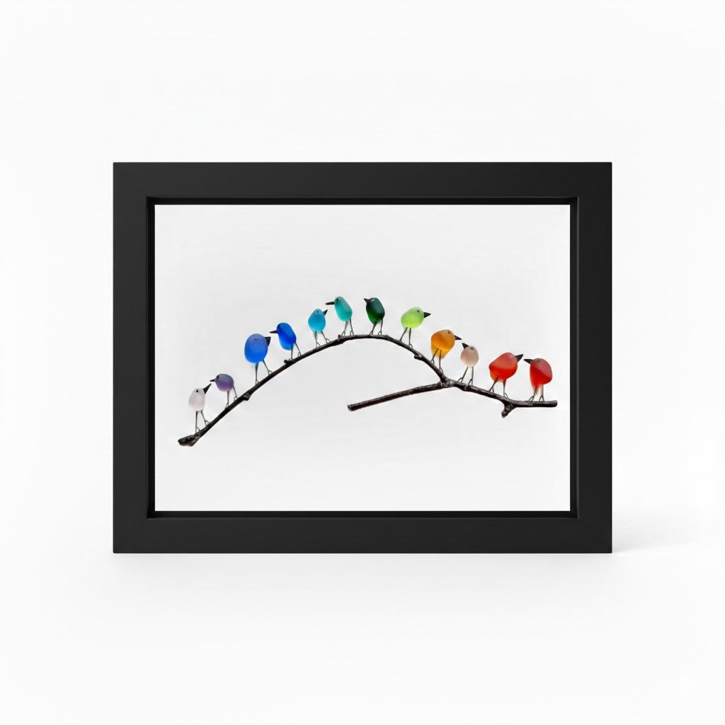 Sea Glass Birds on Driftwood | Framed Coastal Wall Art