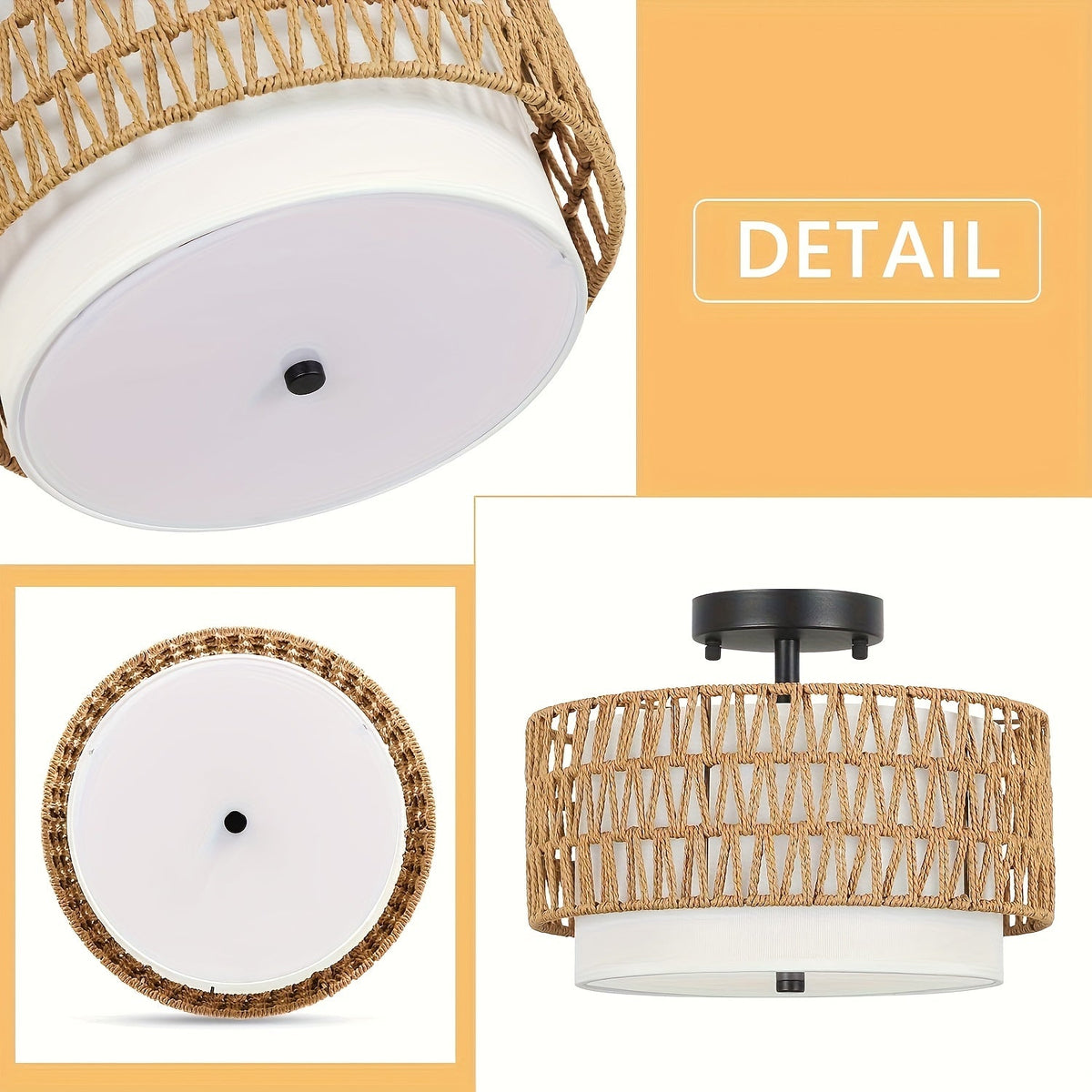 Boho Rattan Ceiling Light | Semi-Flush Mount with Linen Shade