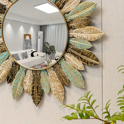Bohemian Sunburst Metal Wall Mirror | Teal & Gold Leaf Design
