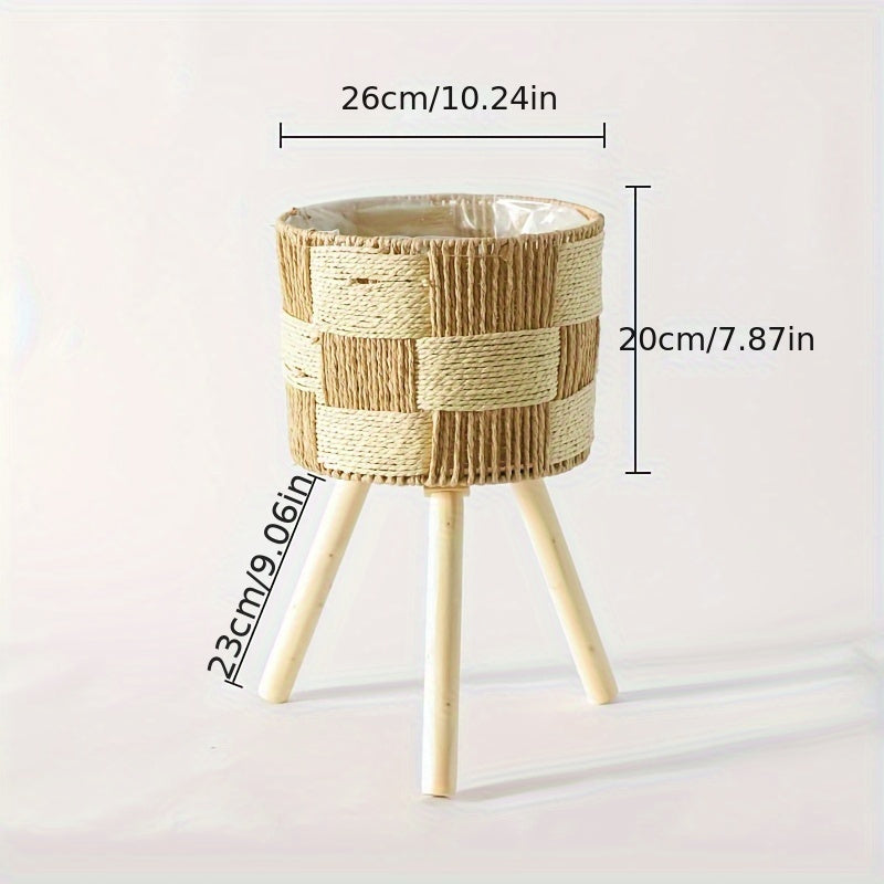 Bohemian Bamboo Woven Flower Stand | Handcrafted Rattan Planter with Wooden Legs