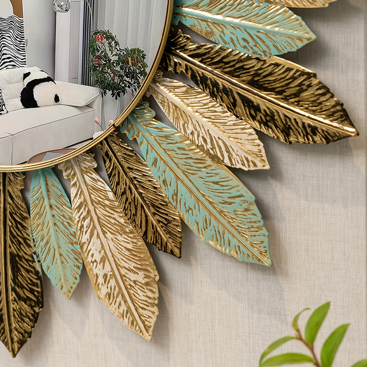Bohemian Sunburst Metal Wall Mirror | Teal & Gold Leaf Design