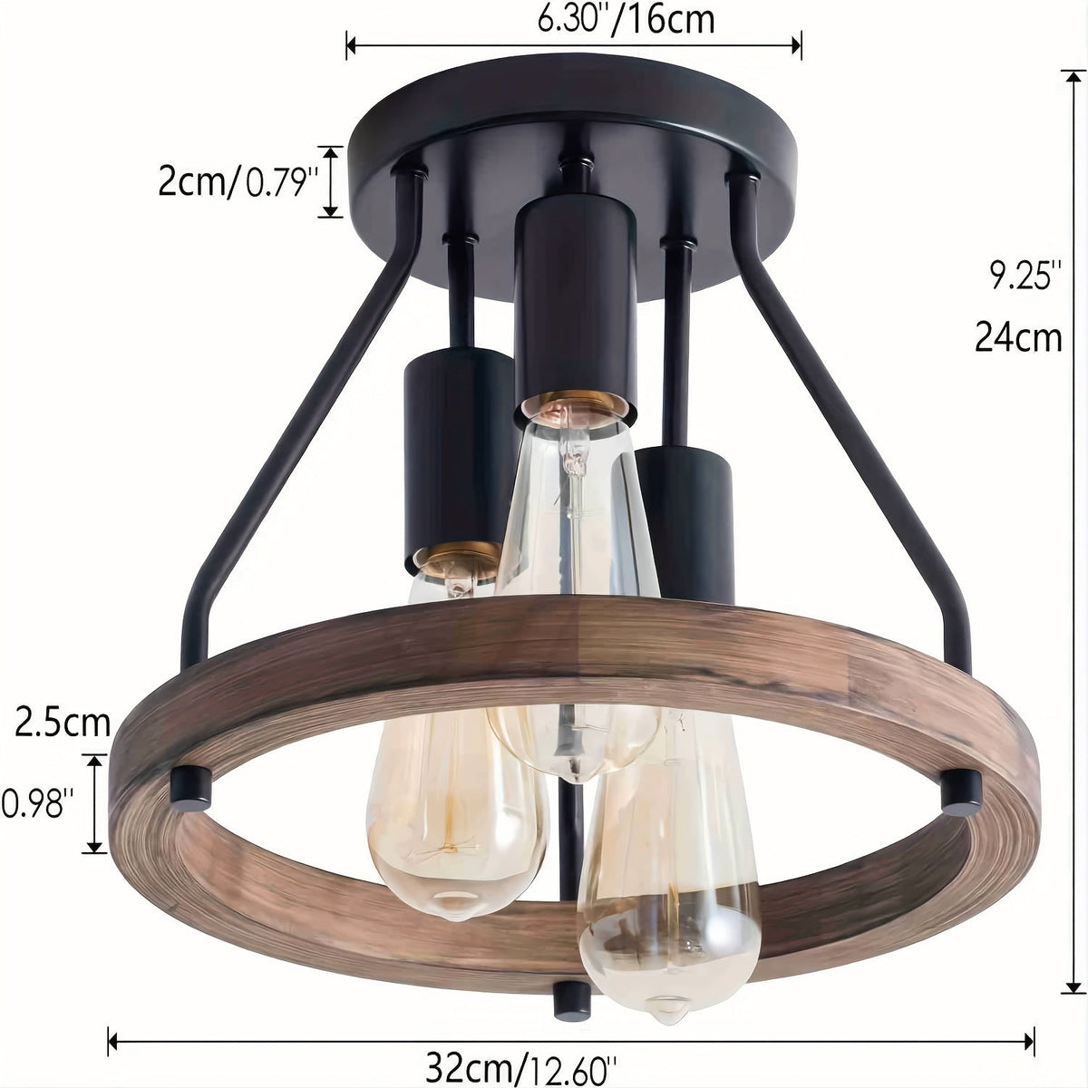 Industrial Wood Ring Ceiling Light | 3-Light Semi Flush Mount Fixture