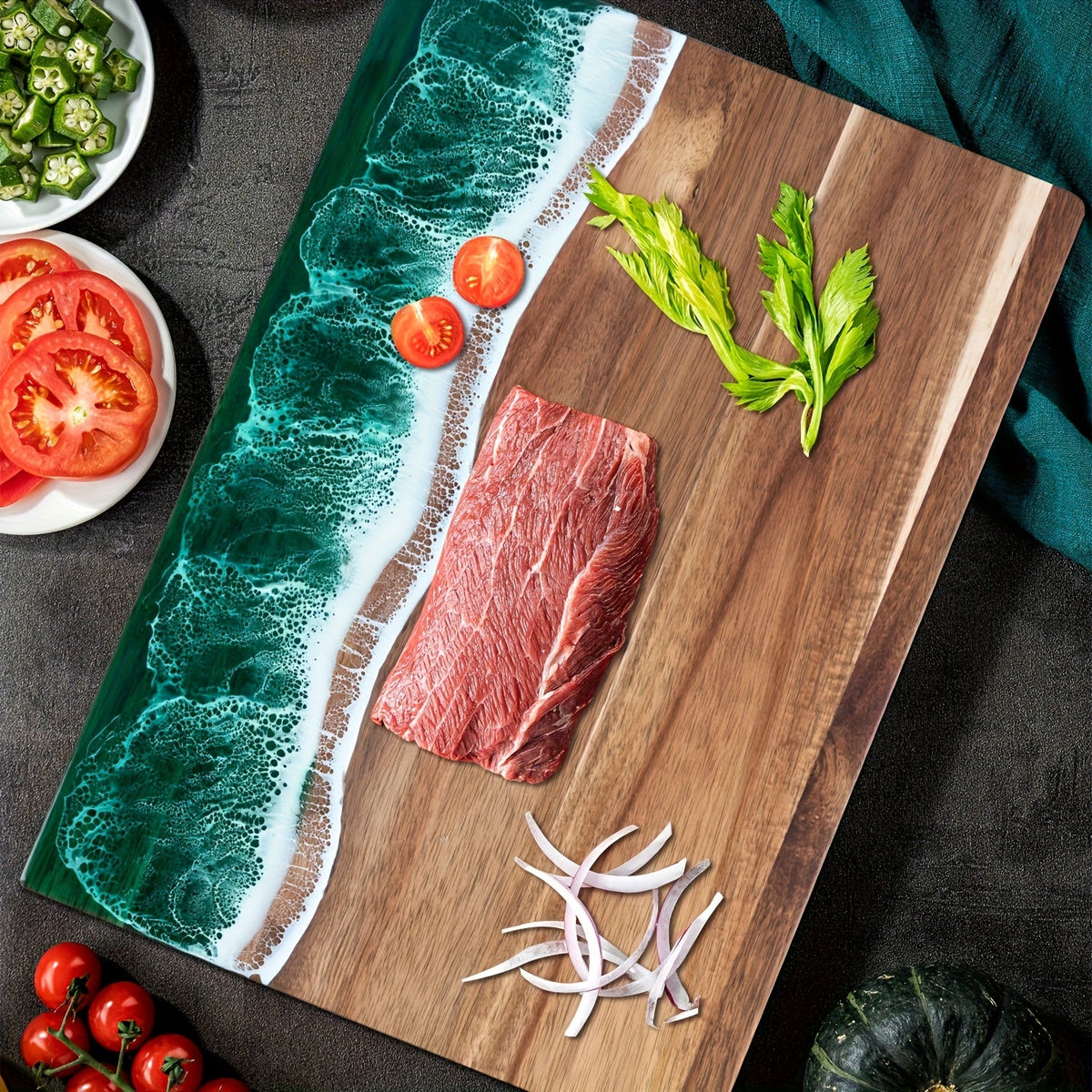 Wave Resin Cutting Board | Ocean-Inspired Acacia Wood Cheese & Serving Board