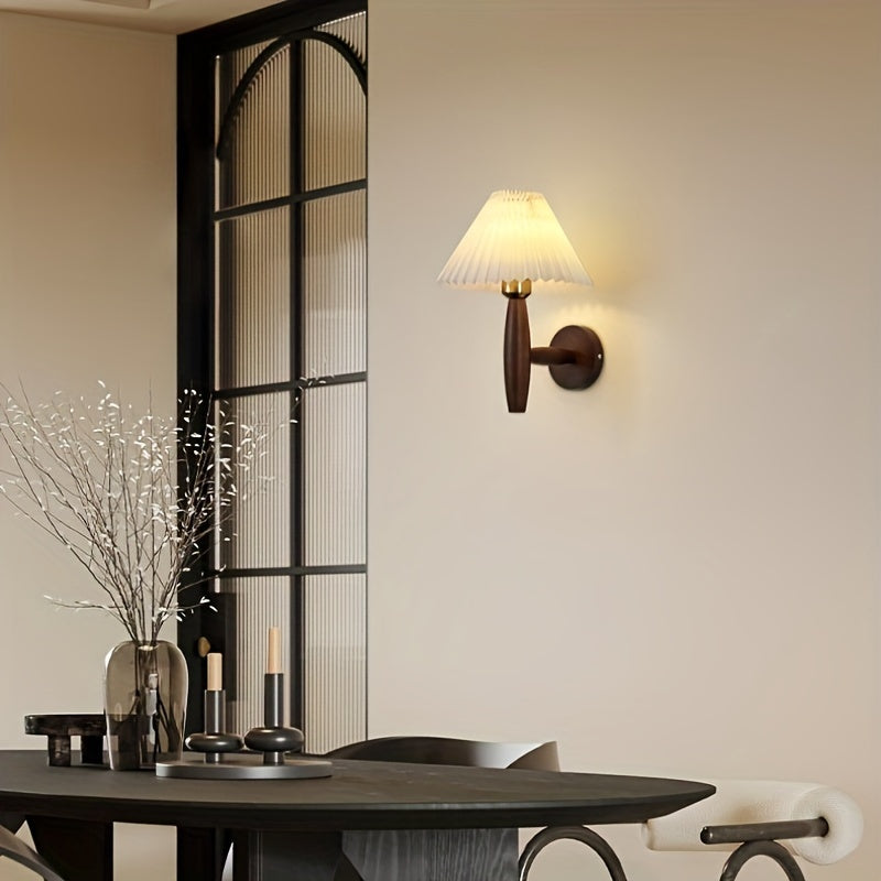 Nordic Wooden Wall Sconce | Retro Bedside Wall Lamp with Pleated Shade