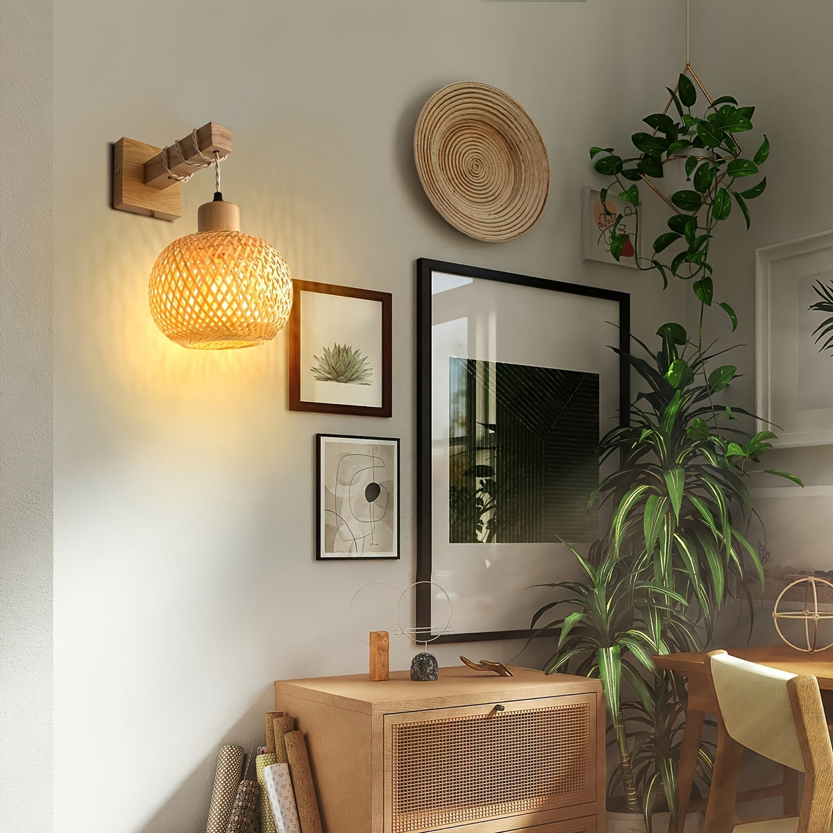 Rustic Wooden Wall Sconce | Handwoven Rattan & Wood Light Fixture