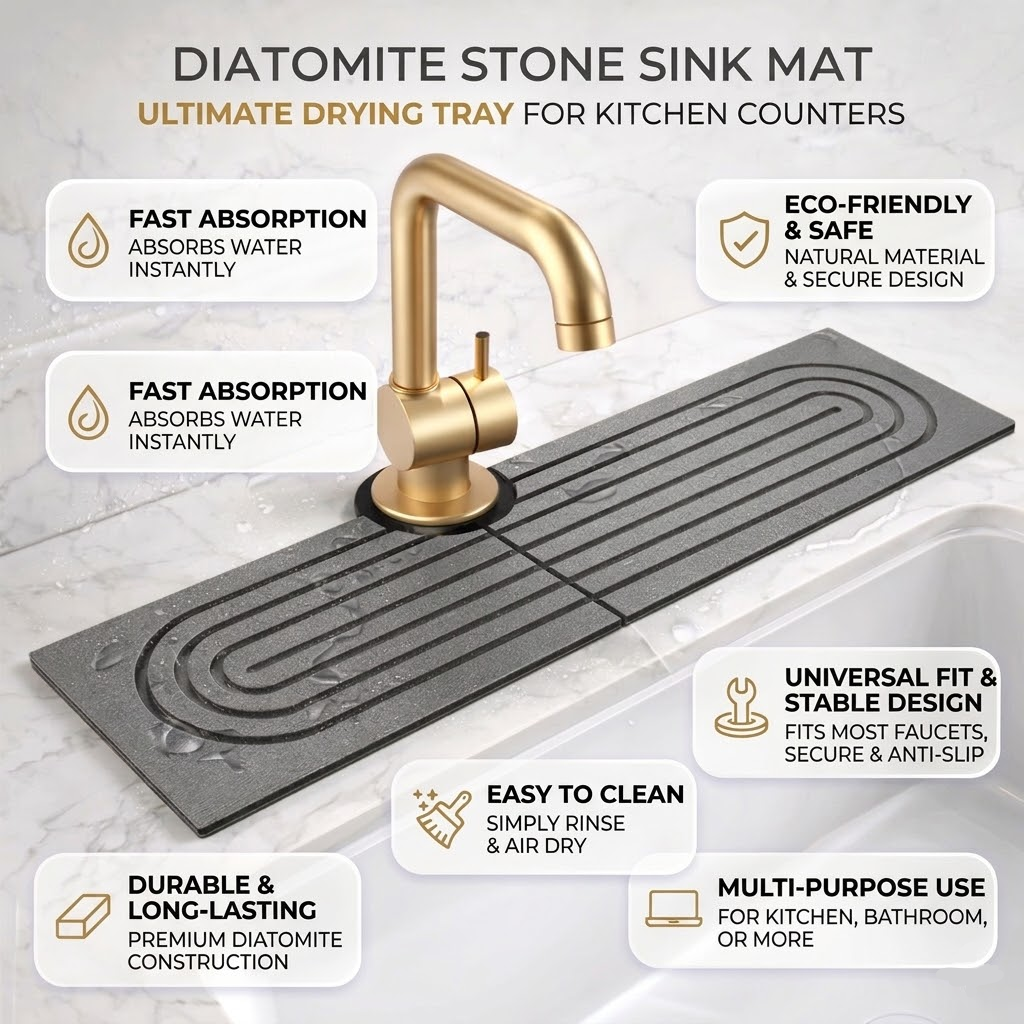 Diatomite Stone Sink Mat | Quick-Dry Faucet & Counter Tray