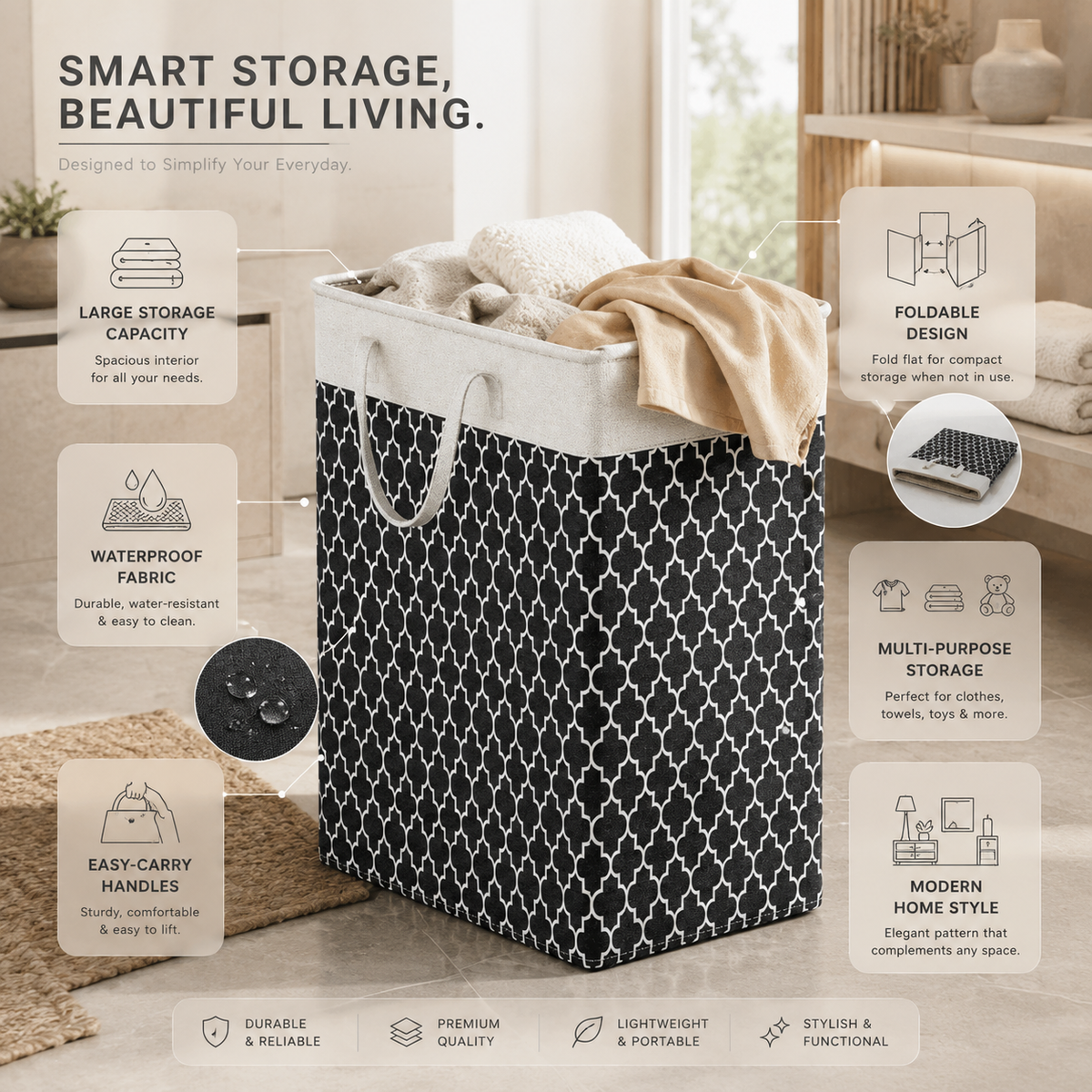 Lauva 75L Foldable Laundry Basket | Waterproof Fabric Hamper