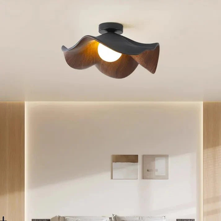 Scandinavian Wooden Lotus Ceiling Light | Resin & Iron Modern Flush Lamp