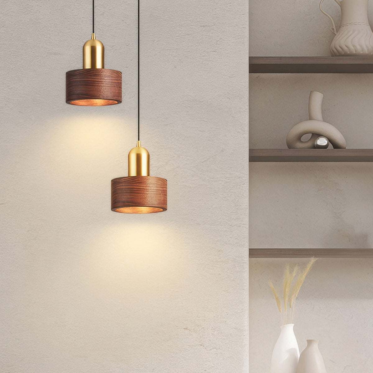 Cylinder Pendant Light | Japanese-Style Walnut & Brass Hanging Lamp