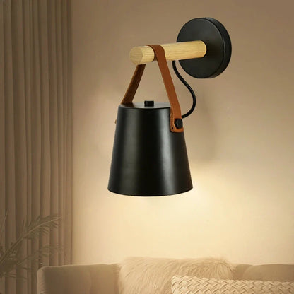 Nordic Wood & Leather Wall Lamp | Hanging Bedside Light