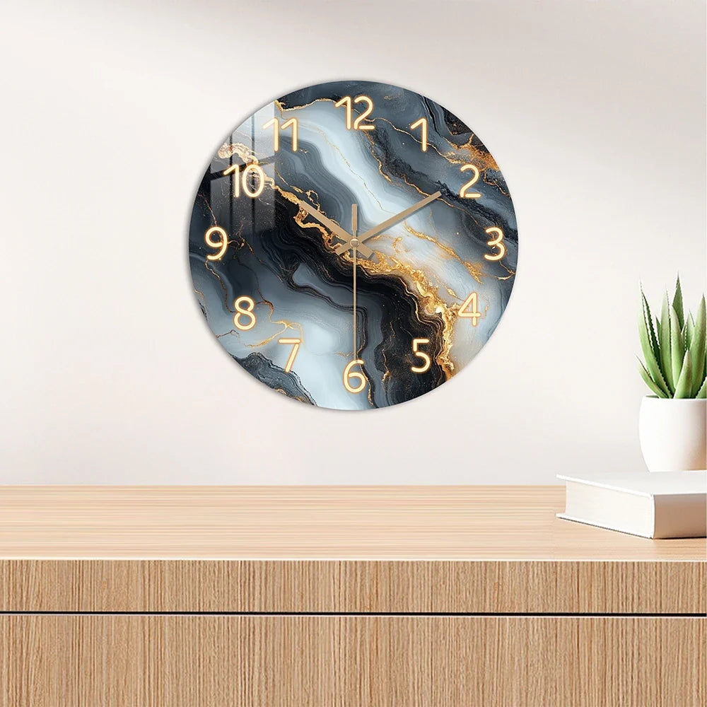 Blue & Gold Marble Wall Clock | Silent Wooden Design