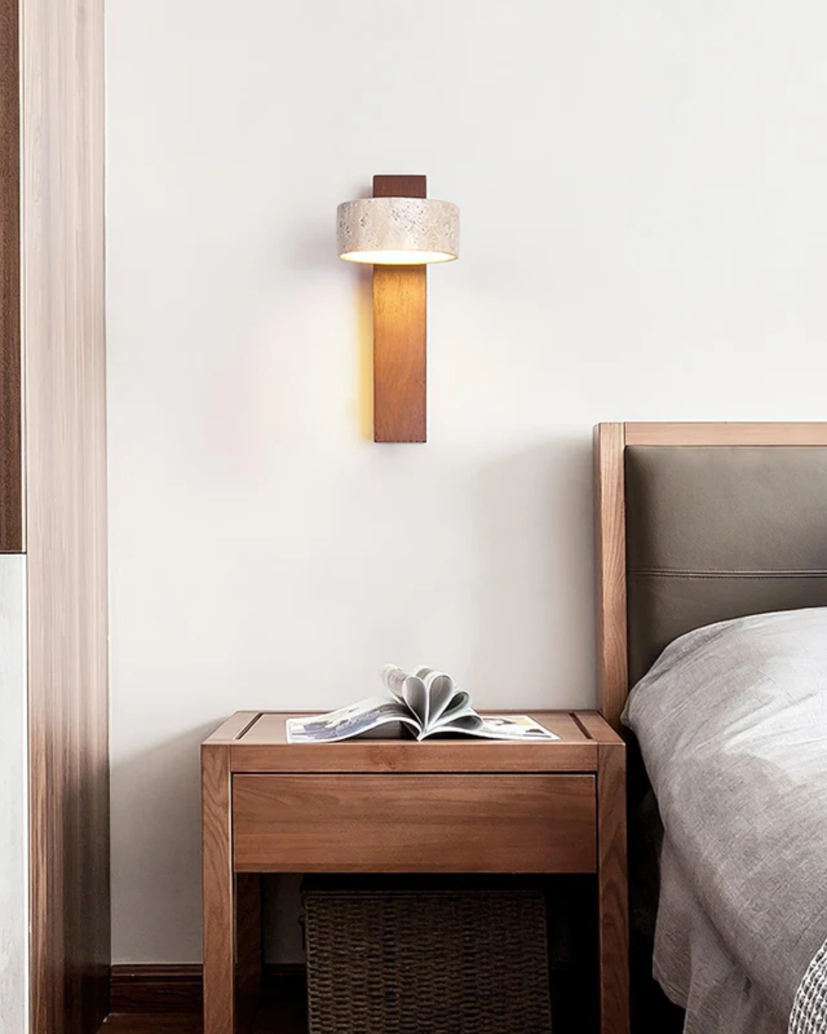 Travertine Wall Lamp | Modern Stone & Wood Sconce