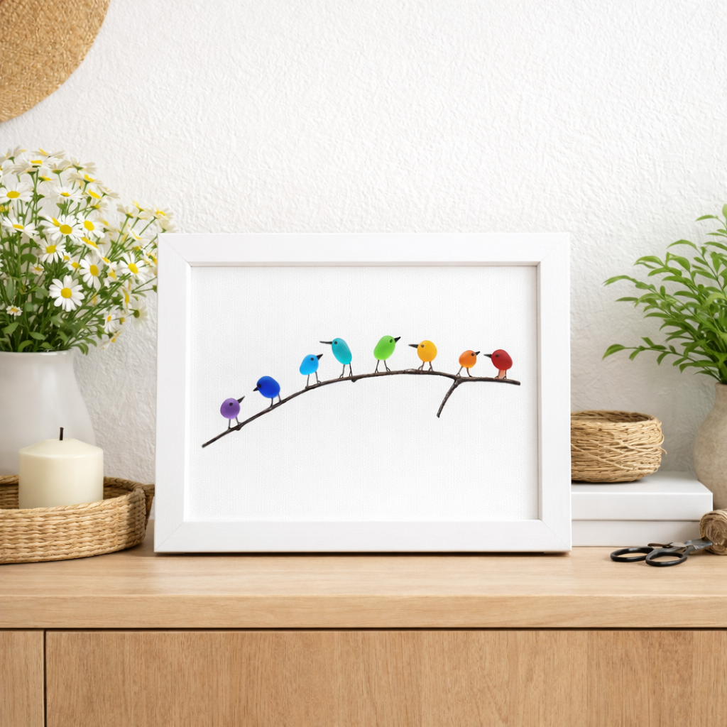 Sea Glass Birds on Driftwood | Framed Coastal Wall Art