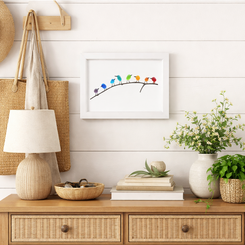 Sea Glass Birds on Driftwood | Framed Coastal Wall Art