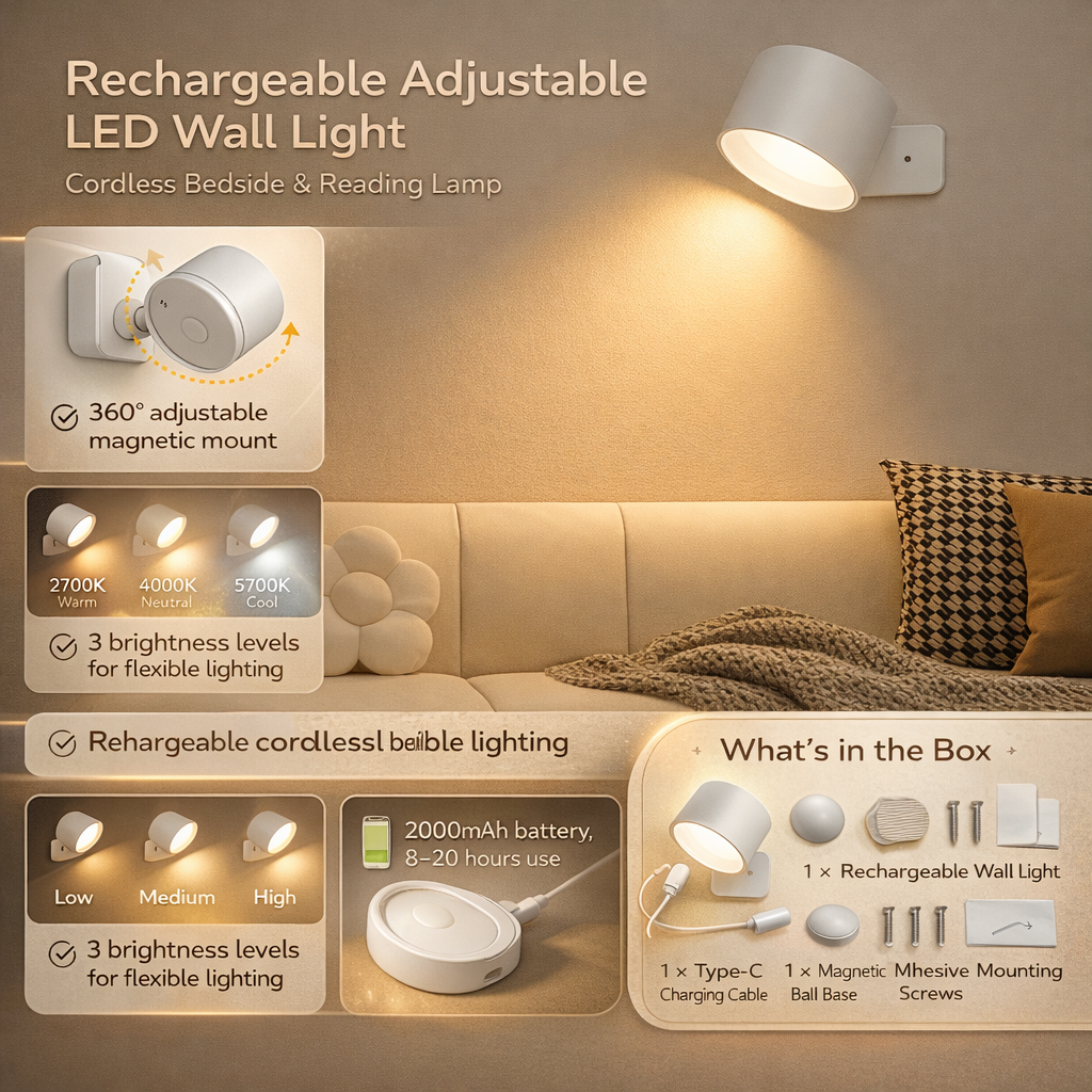 Rechargeable LED Wall Light | Adjustable Magnetic Mount