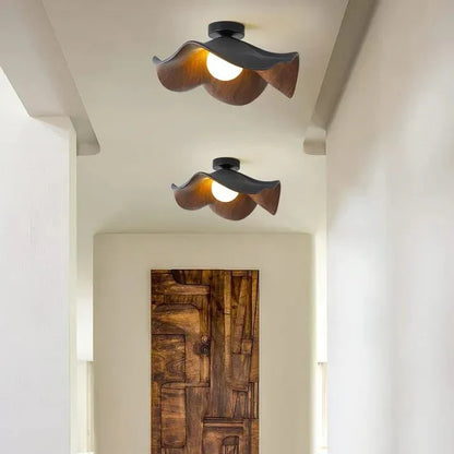 Scandinavian Wooden Lotus Ceiling Light | Resin & Iron Modern Flush Lamp