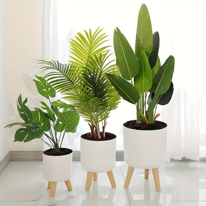 Modern Round Planter with Wooden Legs | Indoor & Outdoor Decorative Plant Pot