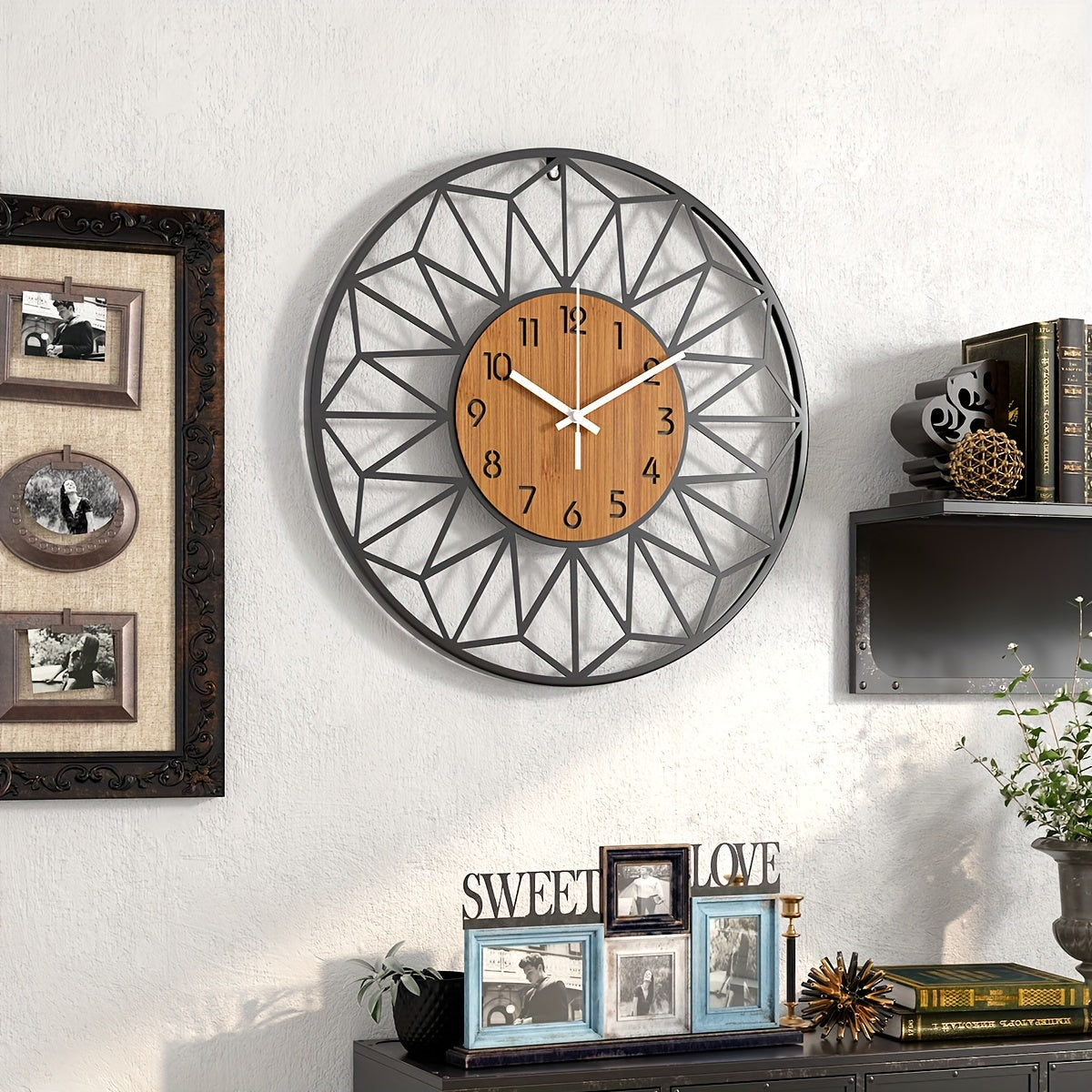 Modern Metal Wall Clock | Wood Grain Center Design
