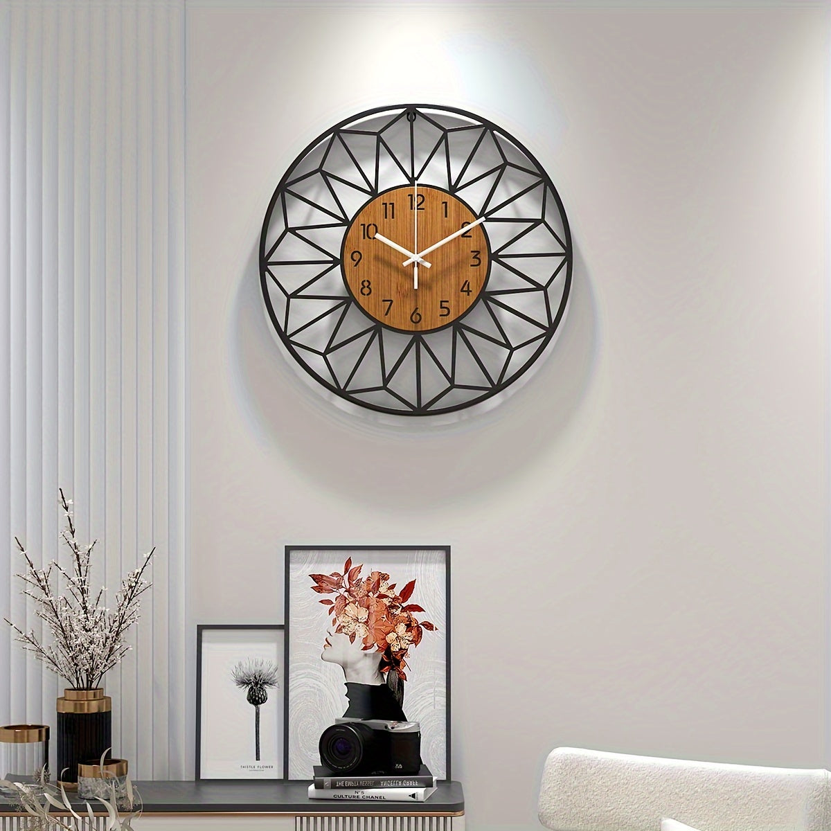 Modern Metal Wall Clock | Wood Grain Center Design