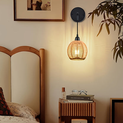 Boho Rattan Wall Lamp | Handwoven Bedside & Living Room Sconce