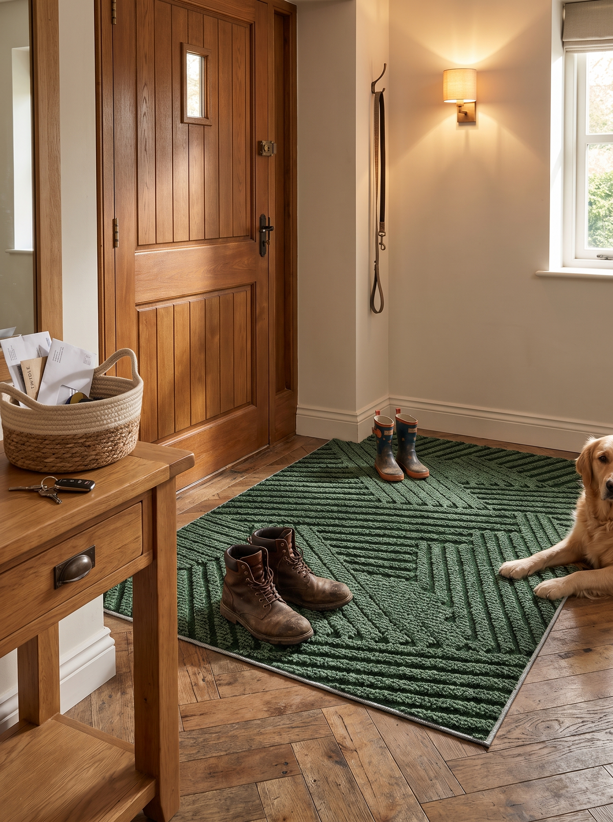 Non slip dirt trapping door mat at a front entryway