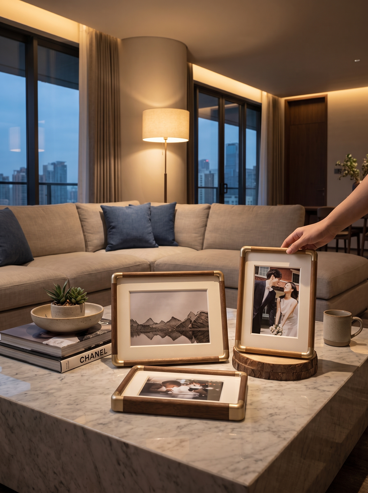 Wood and brass tabletop photo frame on a shelf