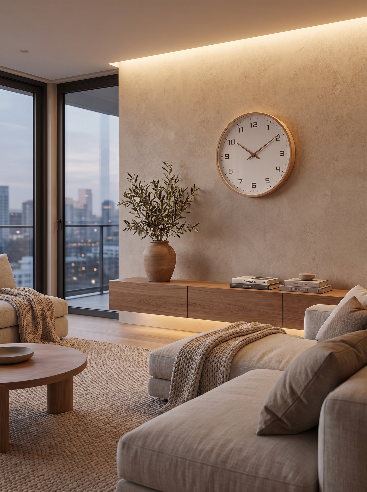 Scandinavian wood wall clock on a calm wall