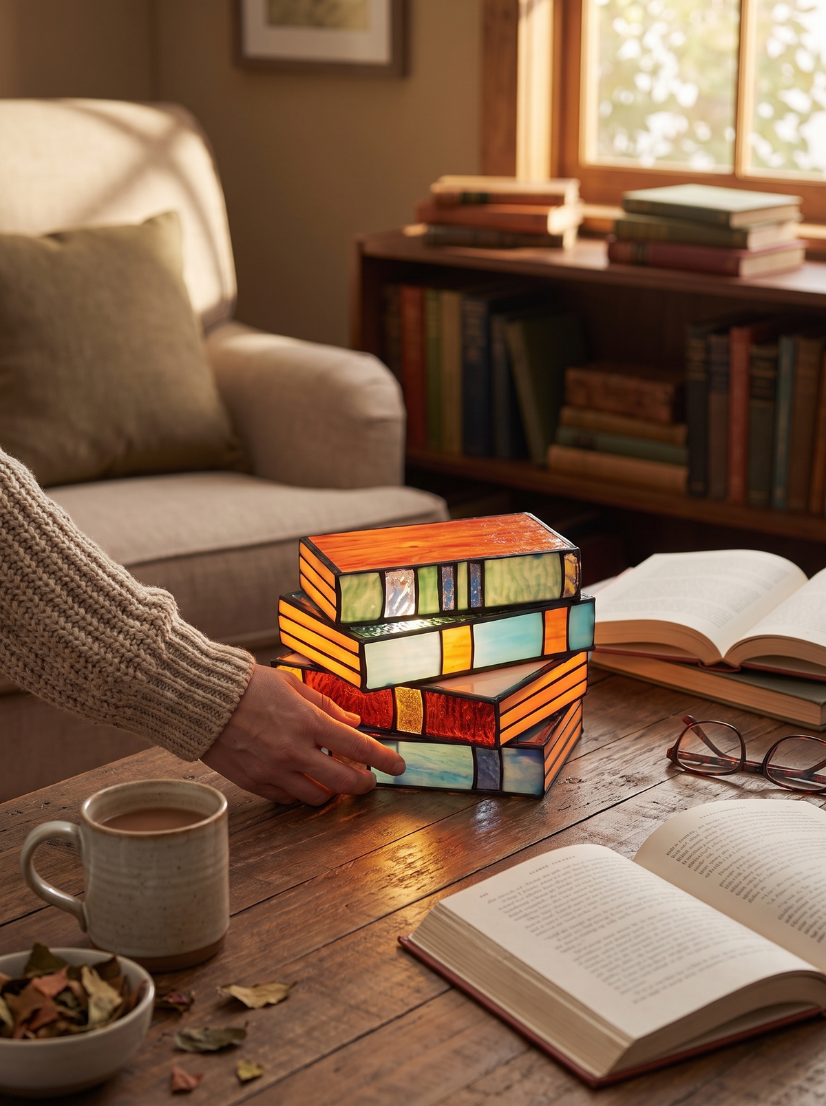 Handmade stained glass book lamp detail