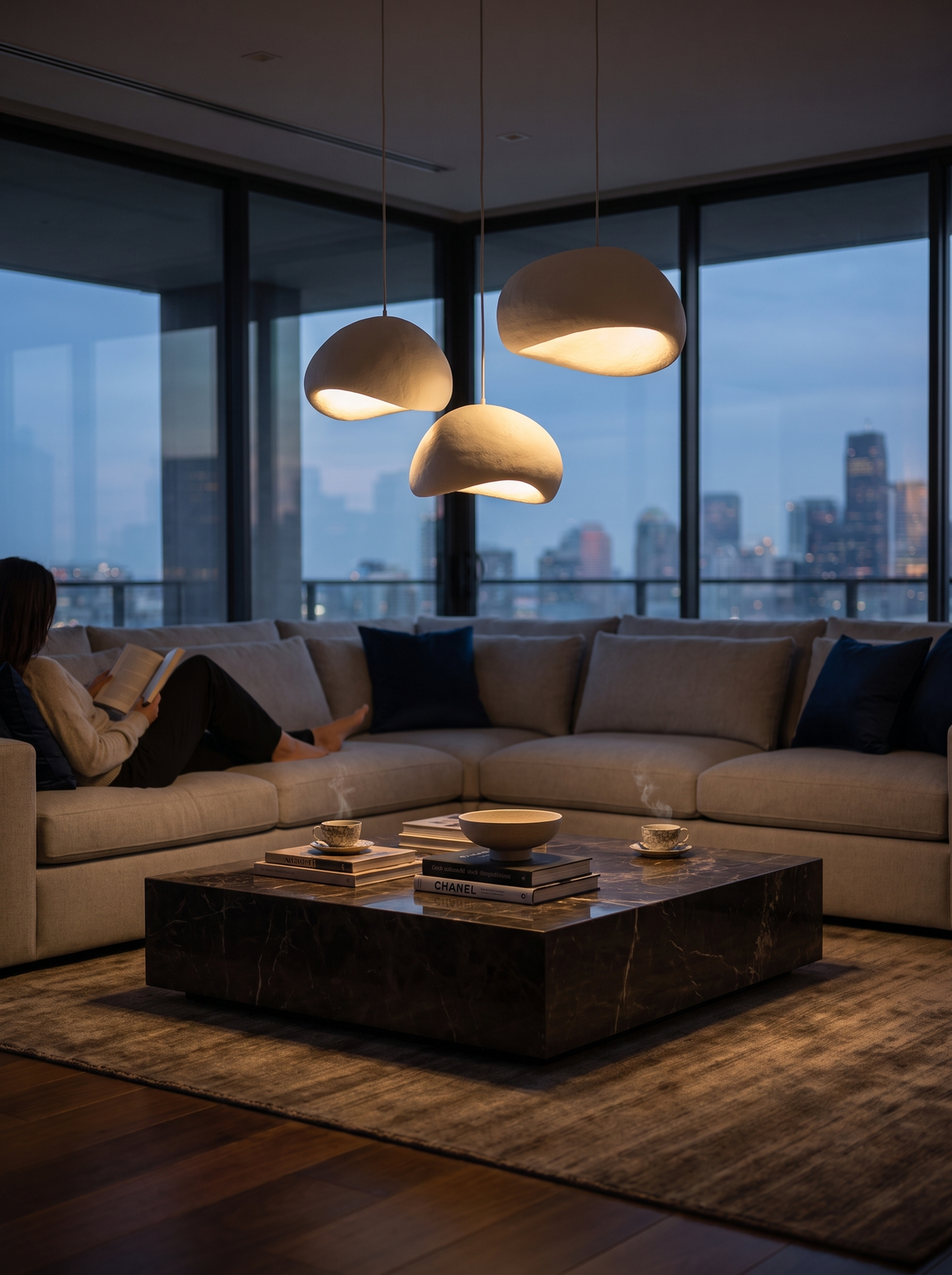 Nordic LED chandelier glowing over a dining table in the evening