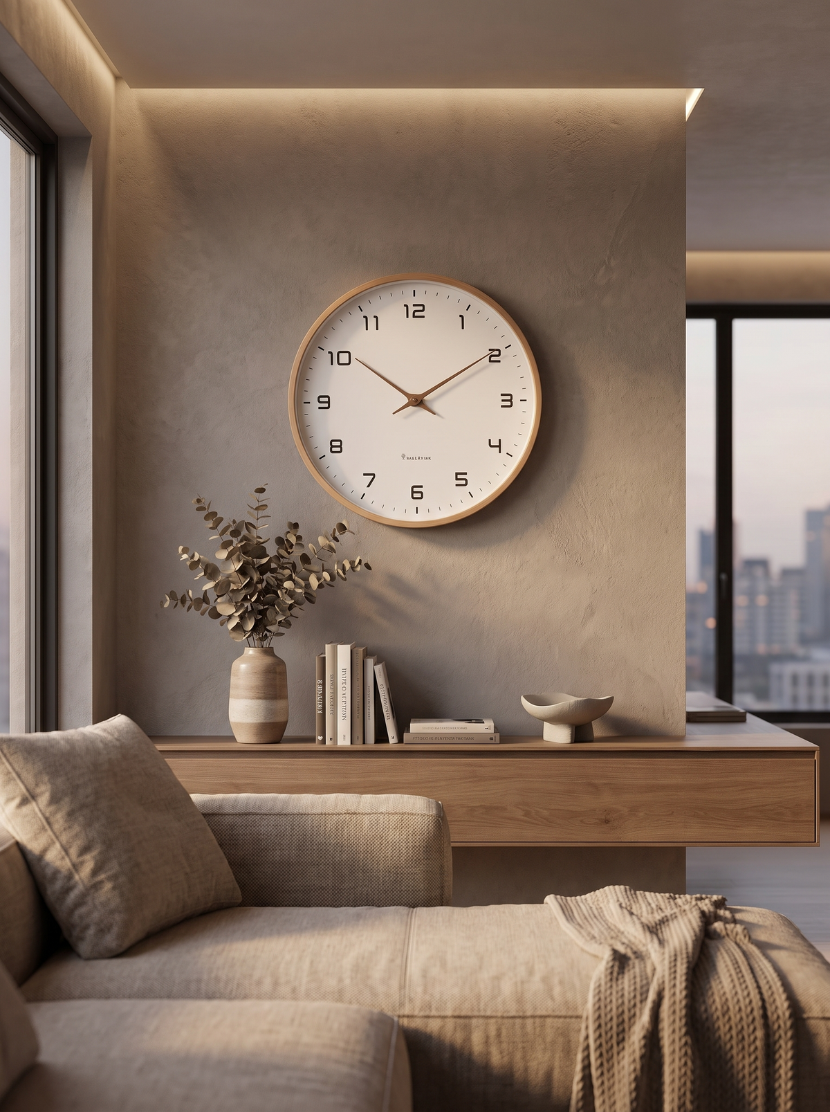 Nordic silent wood frame wall clock in a quiet room
