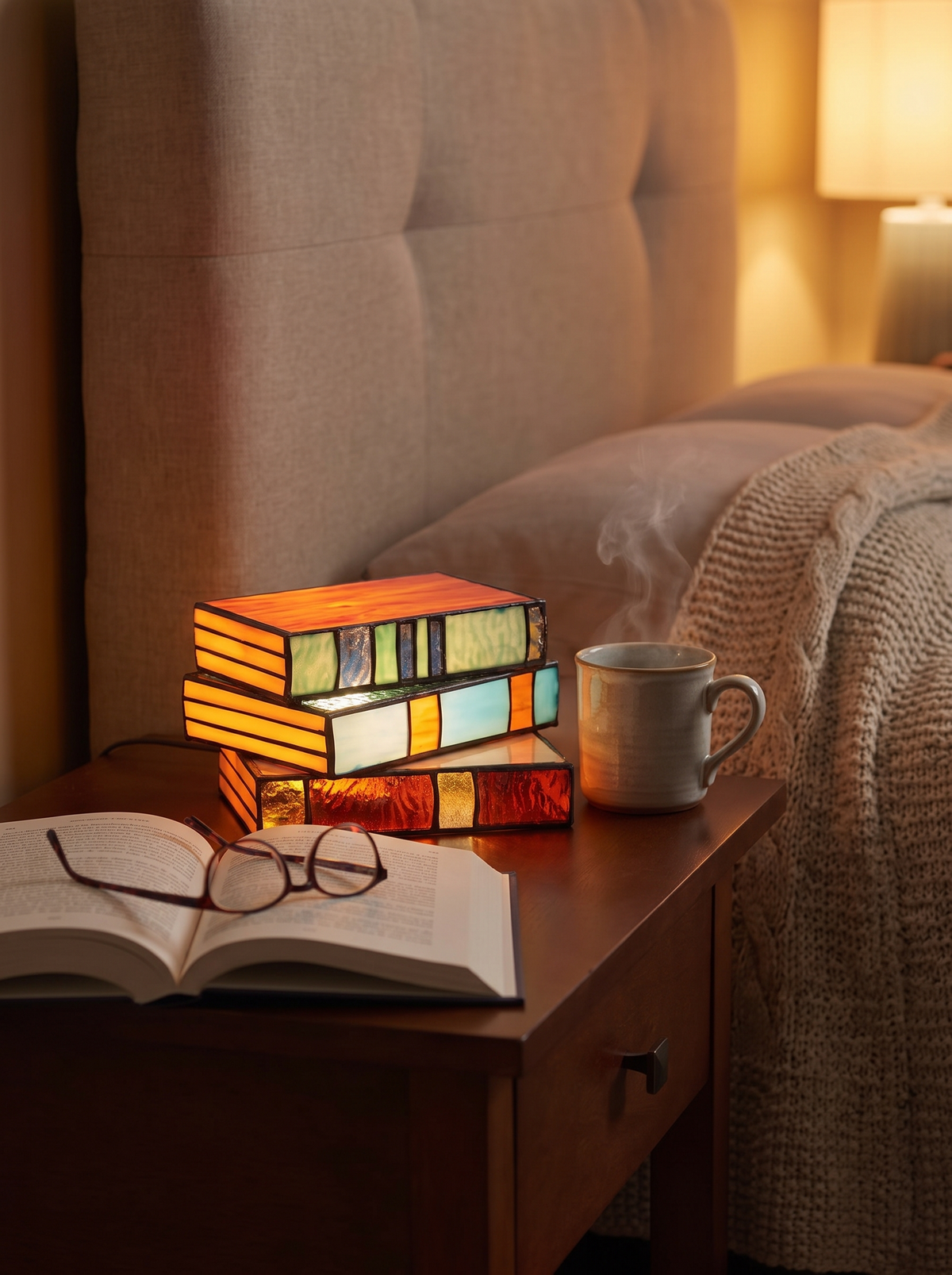 Stained glass book stack lamp glowing in a reading corner