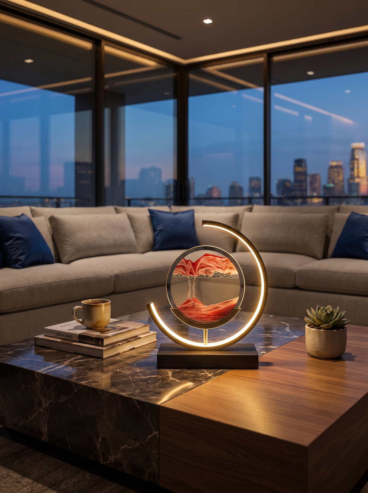 Sandlight lamp glowing on a shelf