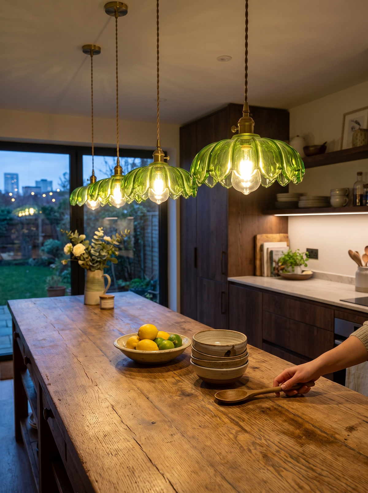 Row of vintage flower pendant lights