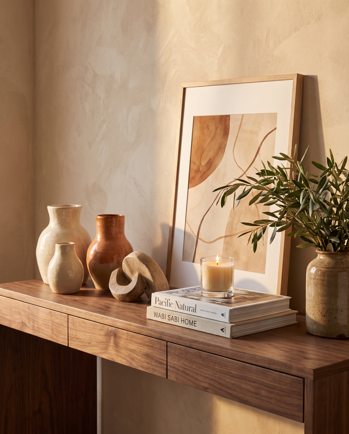 Ceramic vases and decor on a walnut console