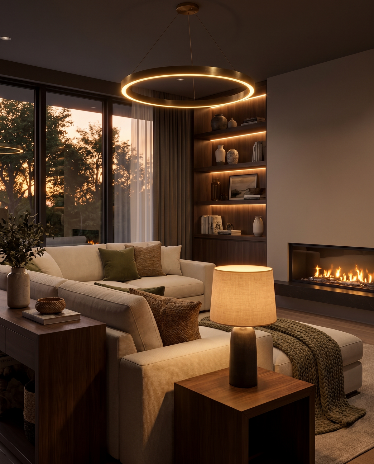 Warm glowing chandelier and table lamp